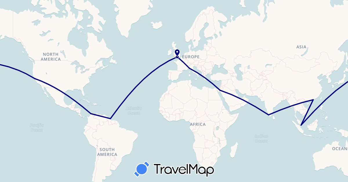 TravelMap itinerary: driving in China, Colombia, United Kingdom, Guyana, India, Italy, Jordan, Singapore, United States (Asia, Europe, North America, South America)