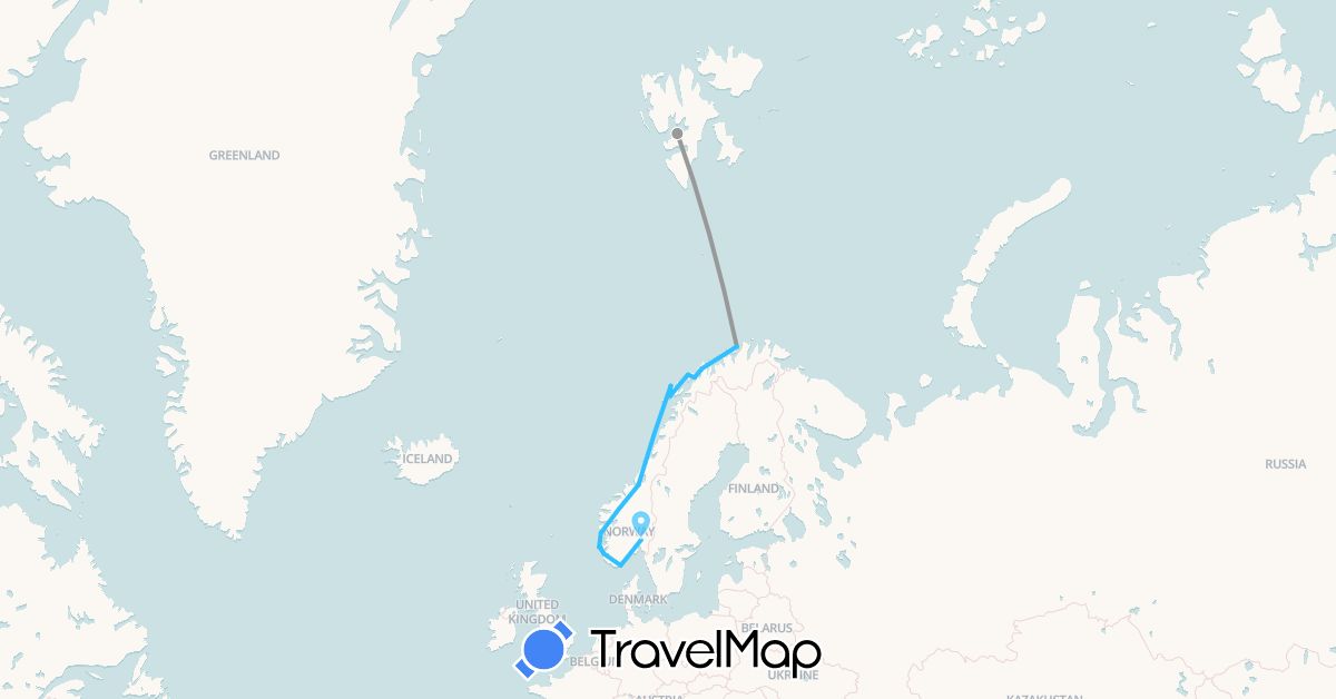 TravelMap itinerary: plane, boat in Norway (Europe)
